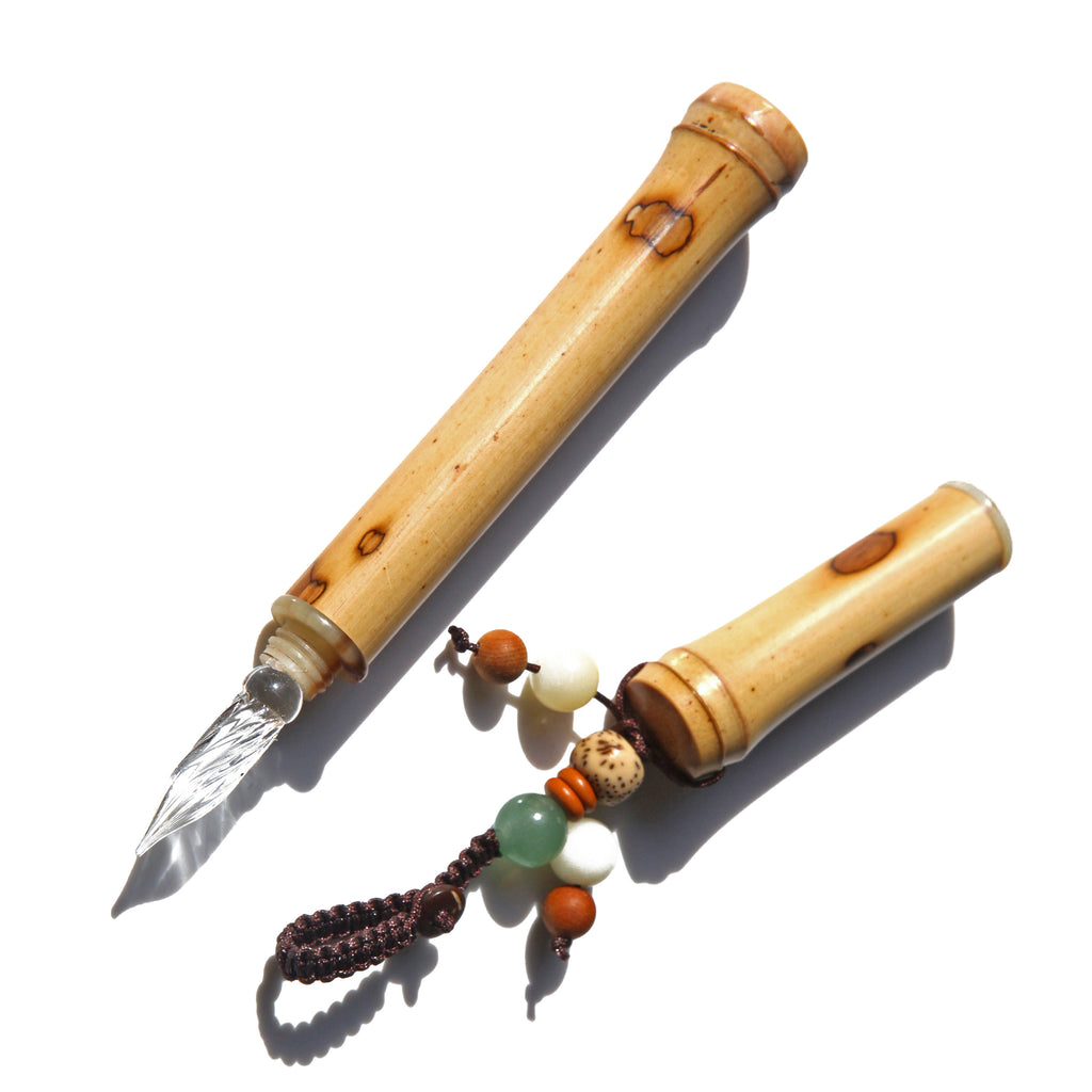 SeventyTwo Handmade Glass Dip Pen with Natural Bamboo Body, Fine Point, Decorative Beaded Tassel, Calligraphy Writing Instrument