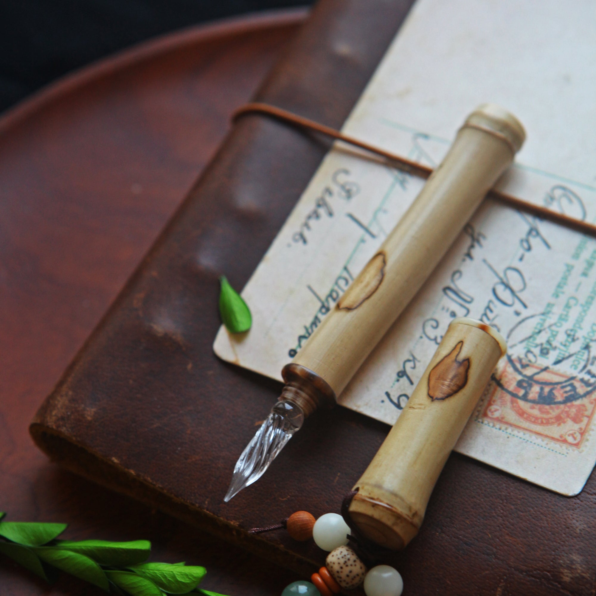 SeventyTwo Handmade Glass Dip Pen with Natural Bamboo Body, Fine Point, Decorative Beaded Tassel, Calligraphy Writing Instrument