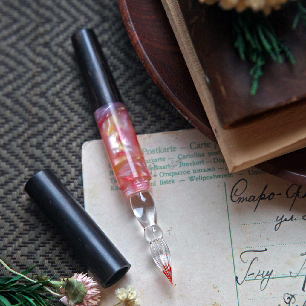 SeventyTwo Handmade Glass Dip Pen with Wood Handle, Black and Pink Coral Design, Calligraphy Writing Pen with Cap (Black-Pink)