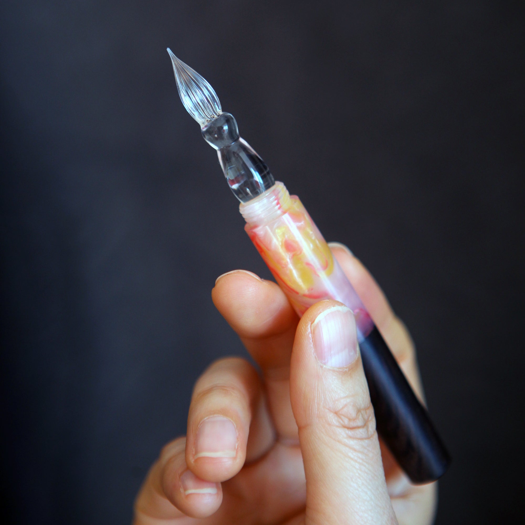 SeventyTwo Handmade Glass Dip Pen with Wood Handle, Black and Pink Coral Design, Calligraphy Writing Pen with Cap (Black-Pink)