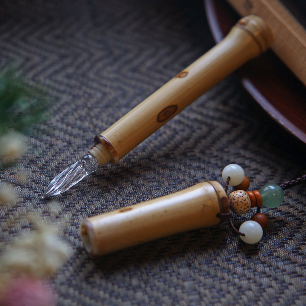 SeventyTwo Handmade Glass Dip Pen with Natural Bamboo Body, Fine Point, Decorative Beaded Tassel, Calligraphy Writing Instrument