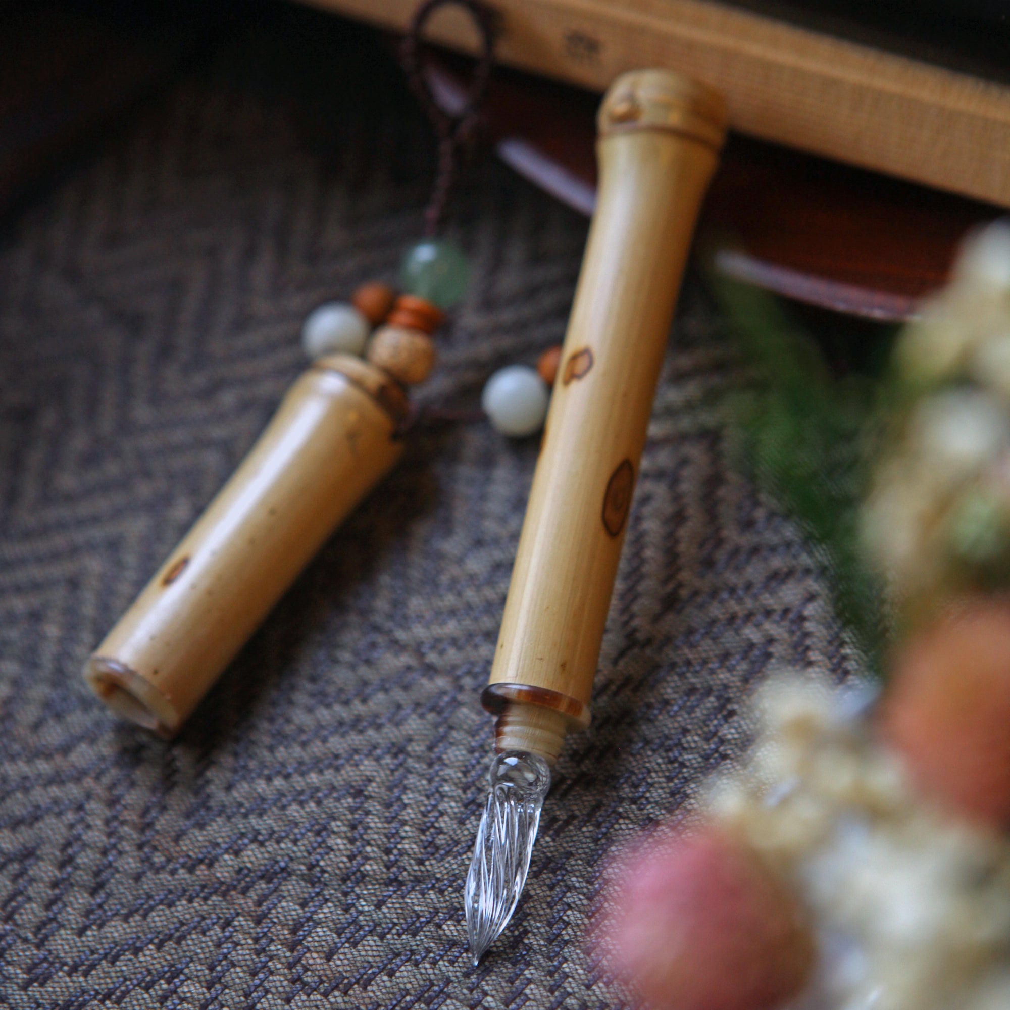 SeventyTwo Handmade Glass Dip Pen with Natural Bamboo Body, Fine Point, Decorative Beaded Tassel, Calligraphy Writing Instrument
