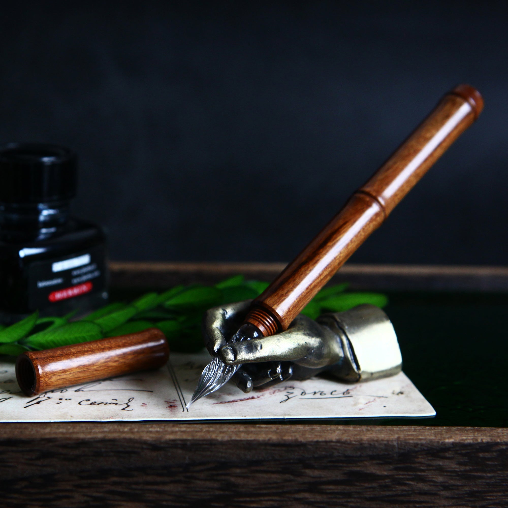 SeventyTwo Handmade Glass Dip Pen with Wood Handle, Fine Point, Black Ink, Adult Writing Instrument with Display Case