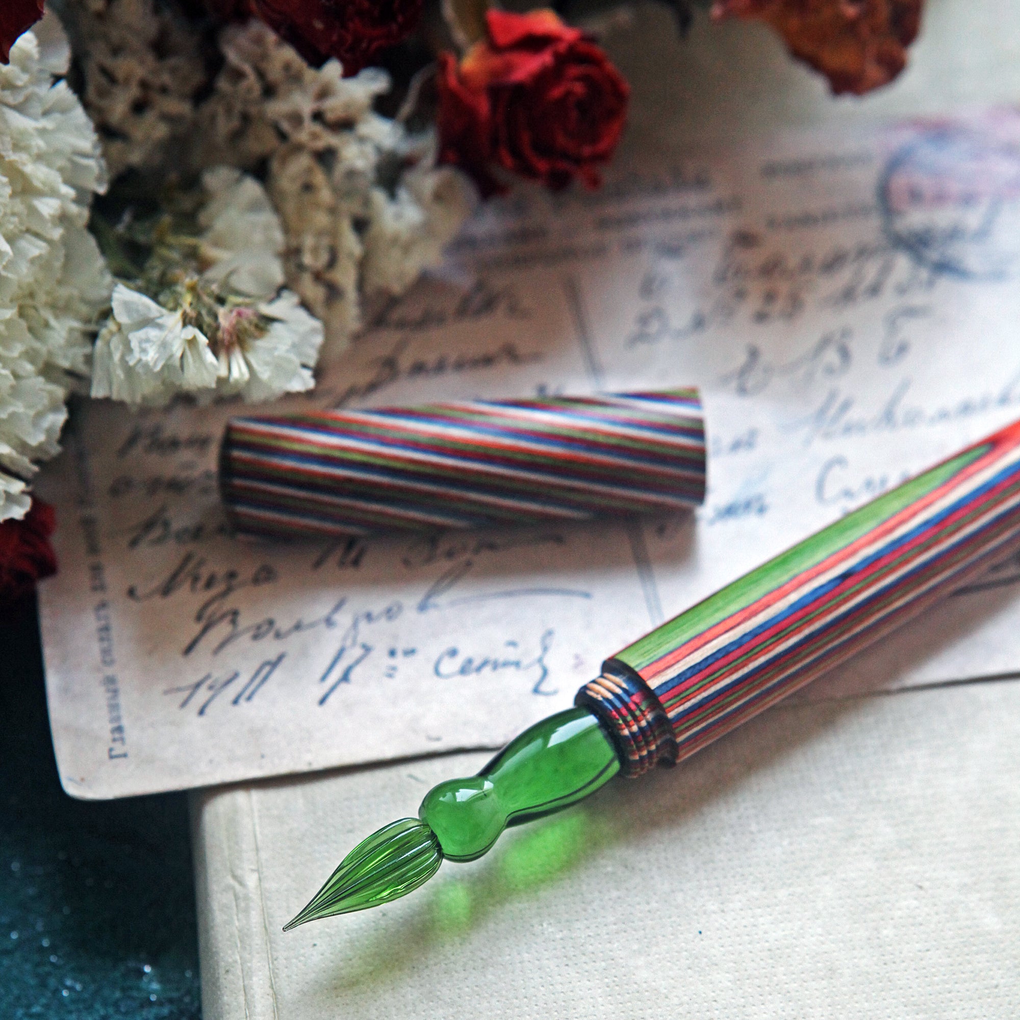 SeventyTwo Handmade Glass Dip Pen with Colorwood Handle, Borosilicate Emerald Glass Nib, Calligraphy Writing Set, Vintage Style (Emerald)