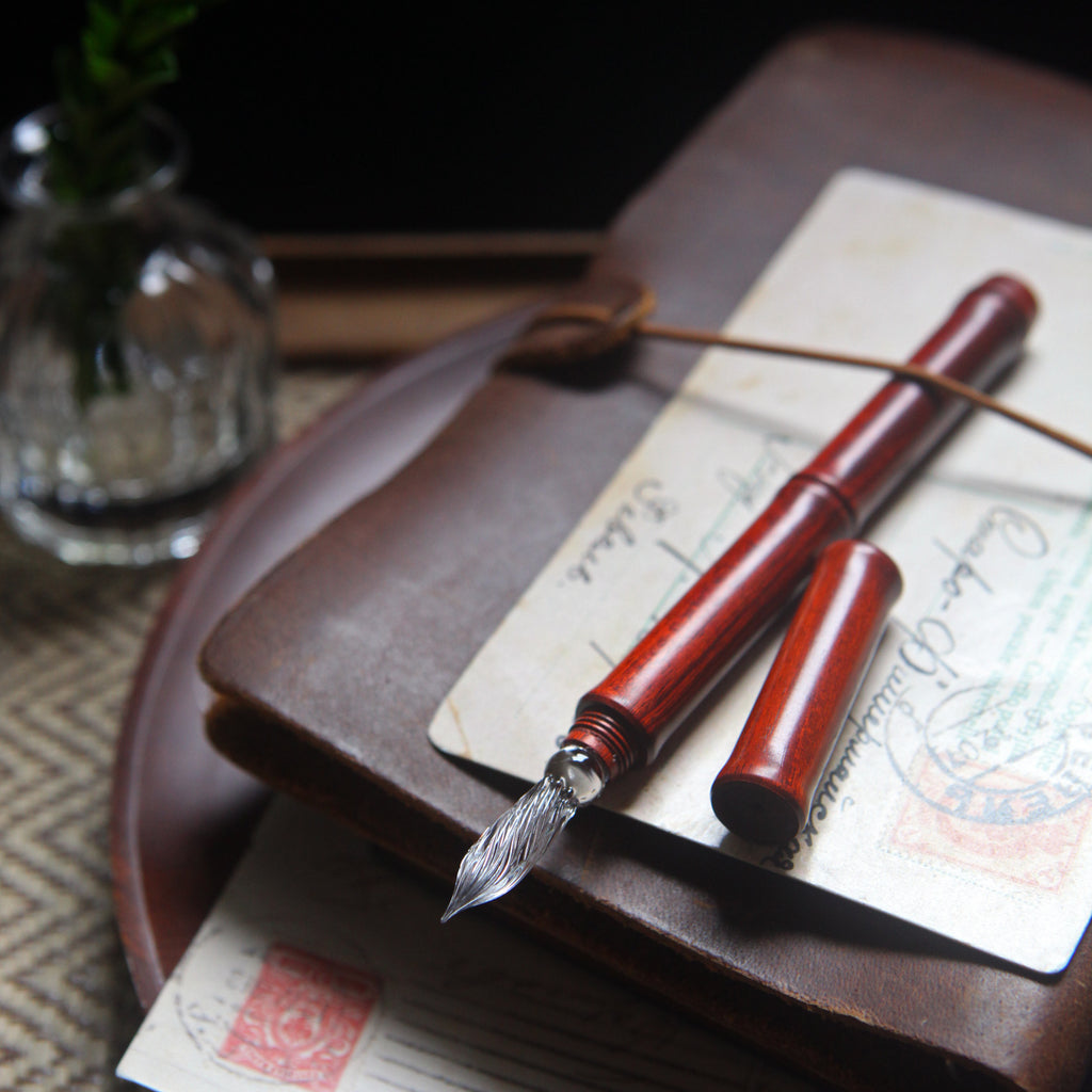 SeventyTwo Handmade Glass Dip Pen with Wood Handle, Fine Point, Black Ink, Adult Writing Instrument with Display Case