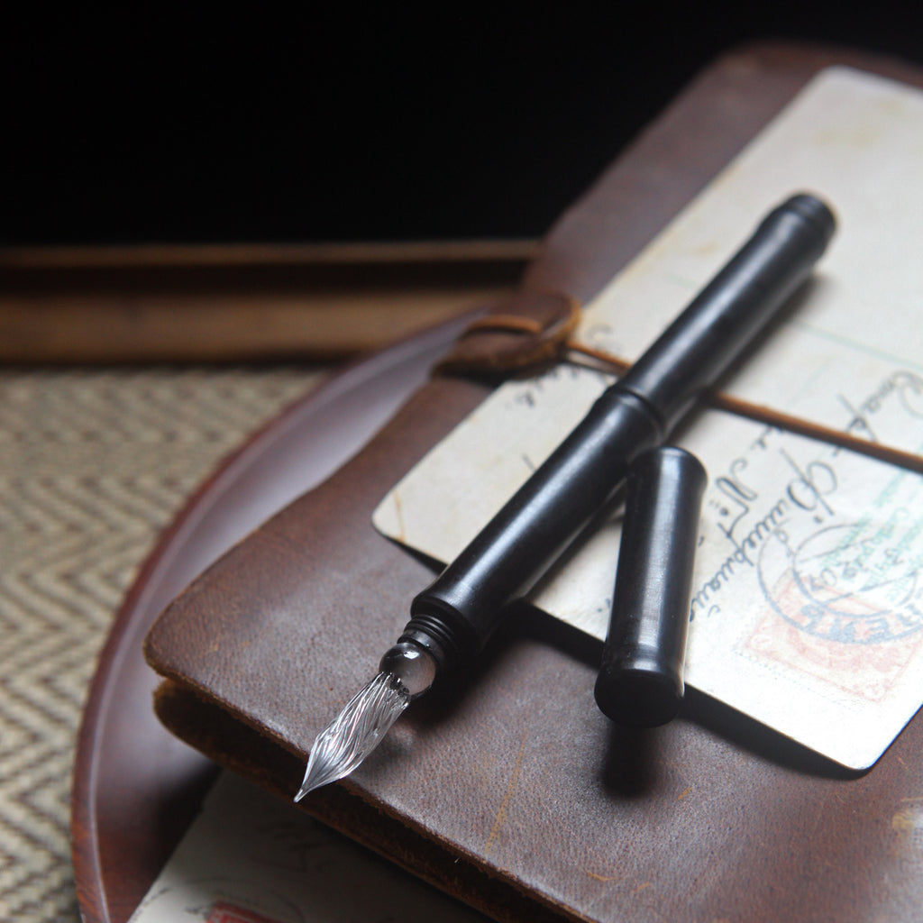 SeventyTwo Handmade Glass Dip Pen with Wood Handle, Fine Point, Black Ink, Adult Writing Instrument with Display Case