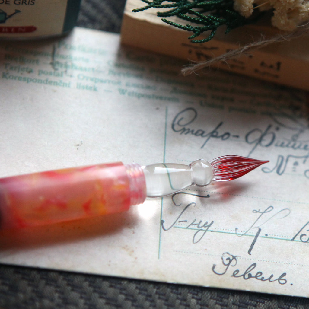 SeventyTwo Handmade Glass Dip Pen with Wood Handle, Black and Pink Coral Design, Calligraphy Writing Pen with Cap (Black-Pink)