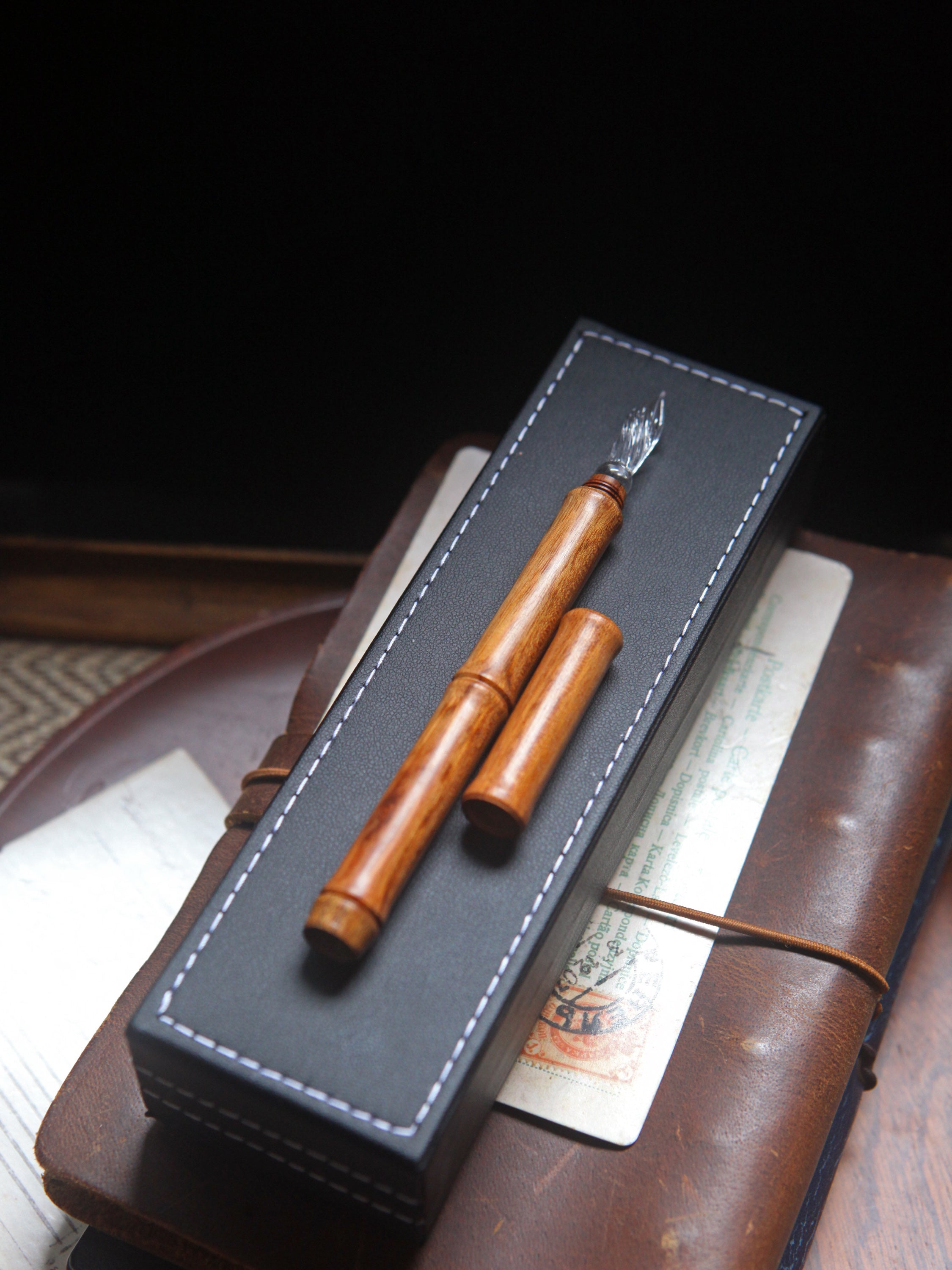 SeventyTwo Handmade Glass Dip Pen with Wood Handle, Fine Point, Black Ink, Adult Writing Instrument with Display Case