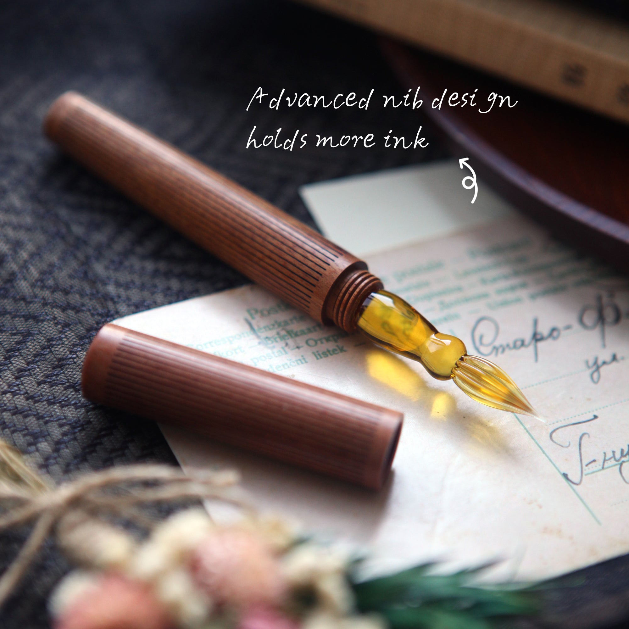 SeventyTwo Handmade Glass Dip Pen with Wood Handle, Calligraphy Writing Pen with Glass Nib