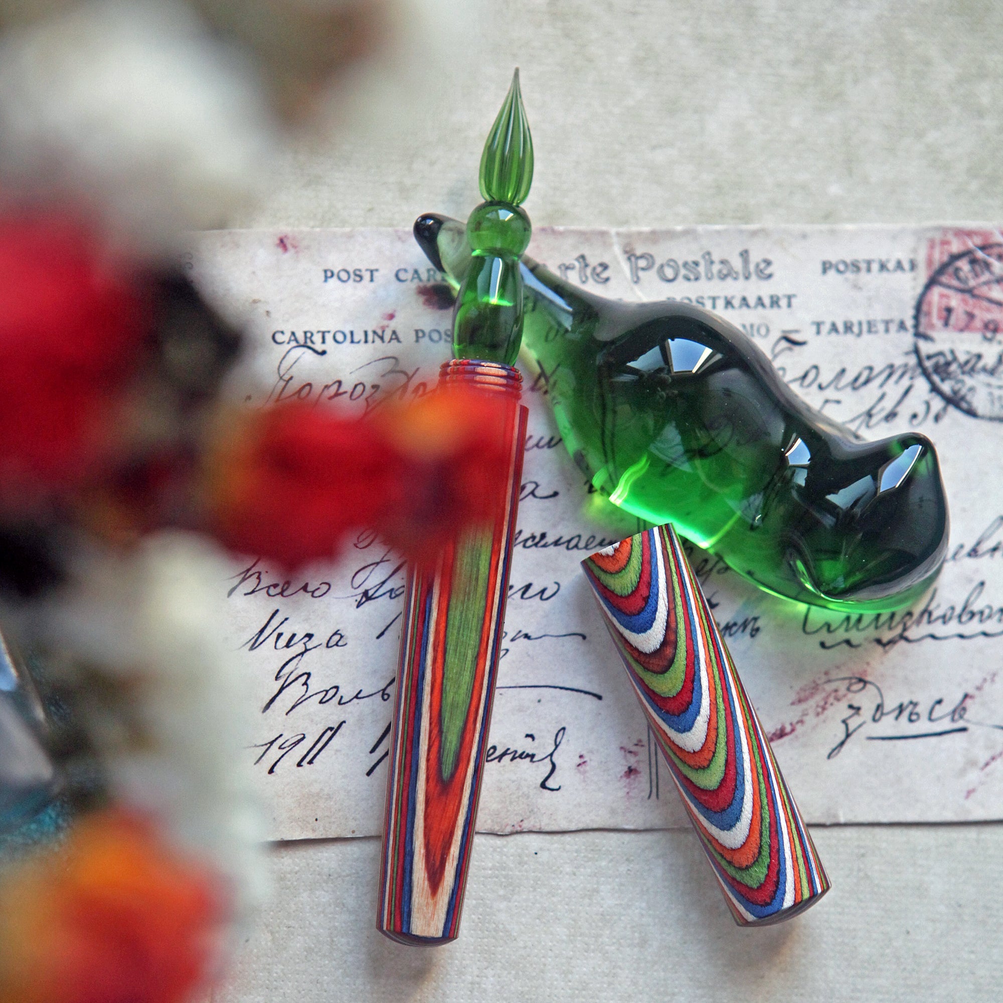 SeventyTwo Handmade Glass Dip Pen with Colorwood Handle, Borosilicate Emerald Glass Nib, Calligraphy Writing Set, Vintage Style (Emerald) - SeventyTwo