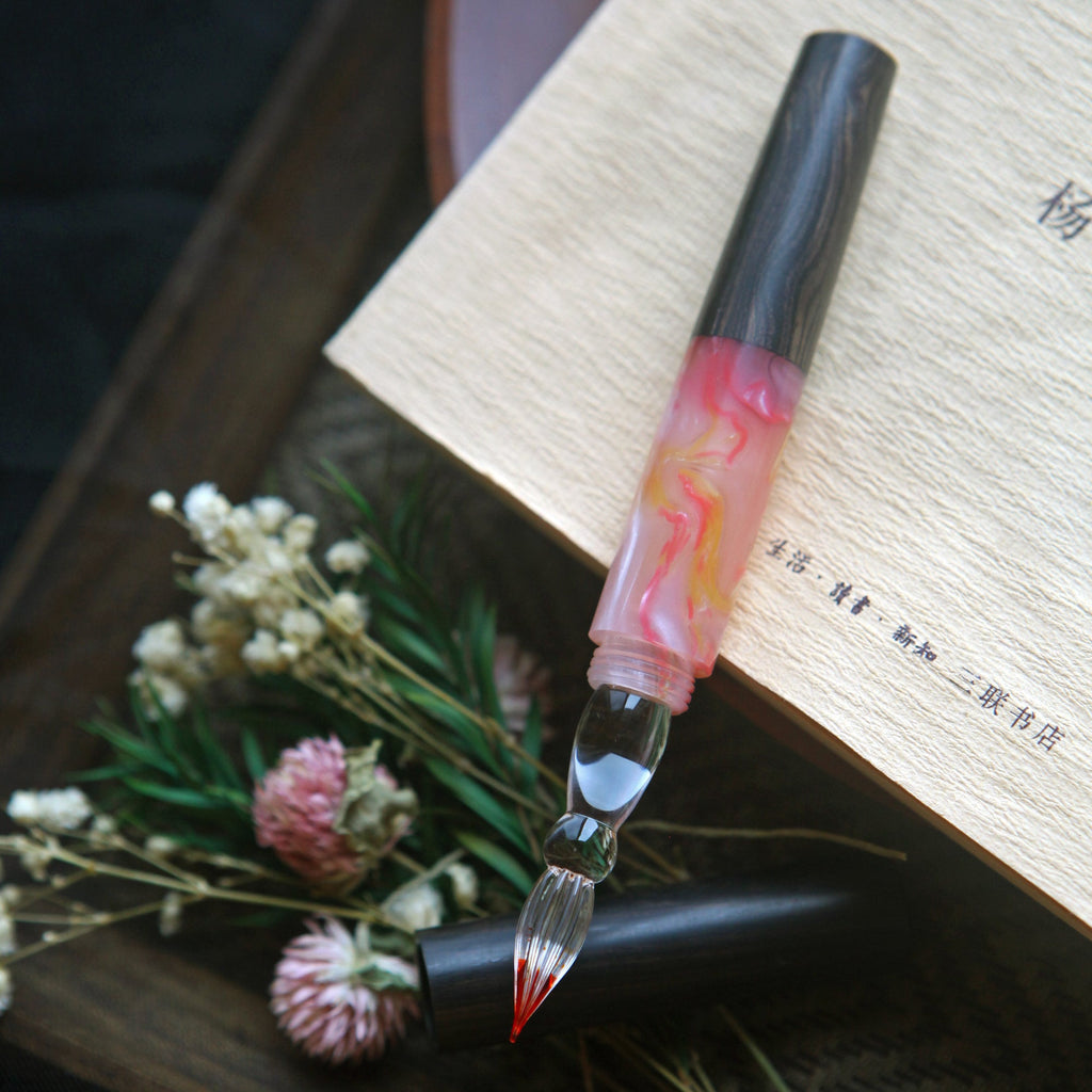 SeventyTwo Handmade Glass Dip Pen with Wood Handle, Black and Pink Coral Design, Calligraphy Writing Pen with Cap (Black - Pink) - SeventyTwo