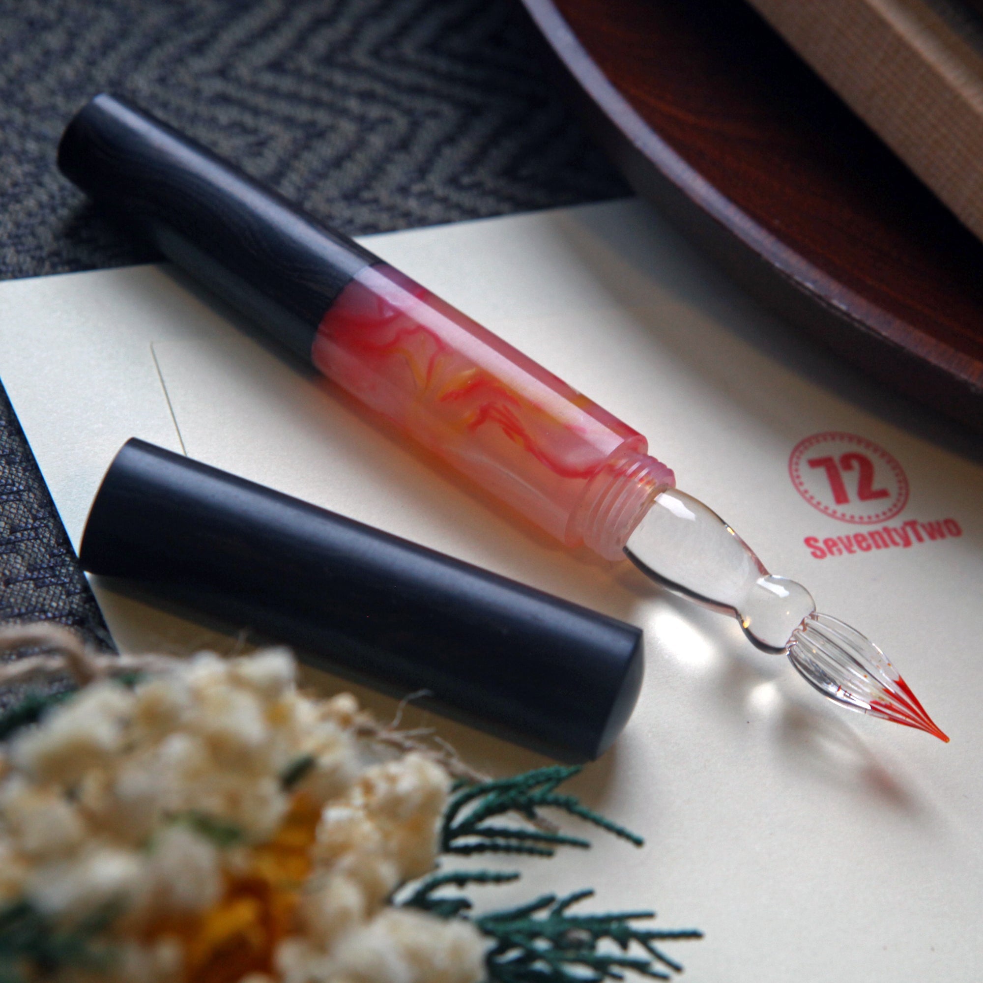 SeventyTwo Handmade Glass Dip Pen with Wood Handle, Black and Pink Coral Design, Calligraphy Writing Pen with Cap (Black - Pink) - SeventyTwo