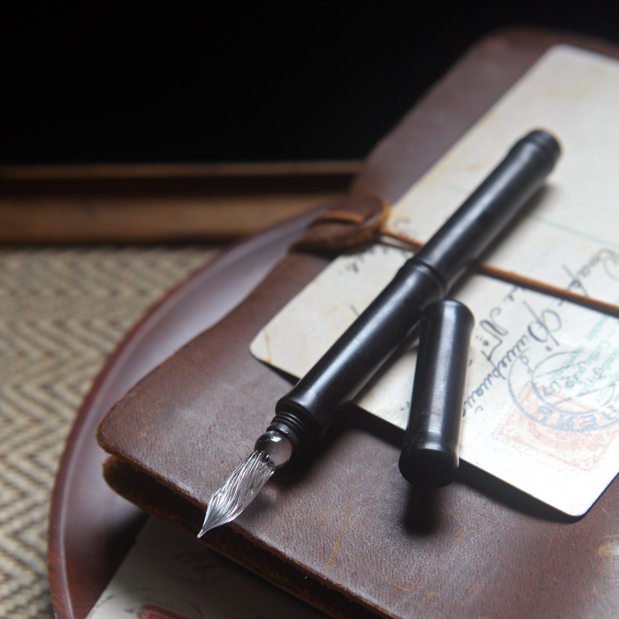 SeventyTwo Handmade Glass Dip Pen with Wood Handle, Fine Point, Black Ink, Adult Writing Instrument with Display Case - SeventyTwo